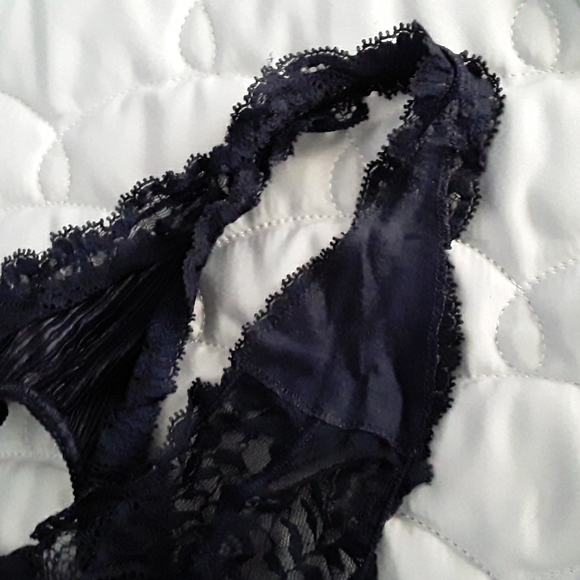 90s La Perla Bustier & Thong, Pleated (Plisse), Dark Navy, Sz 32 & 2  ITALY - Picture 16 of 16